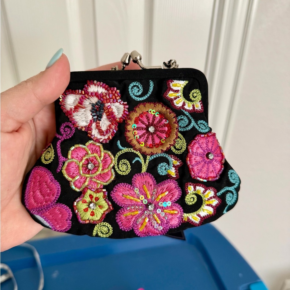 25th Anniversary Petite Purse Embroidered Beaded Mini Clutch w/ Chain
